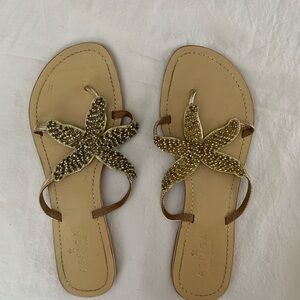 Aspiga Gold Starfish Women's Thong Style Beaded Leather Sandals Size 39